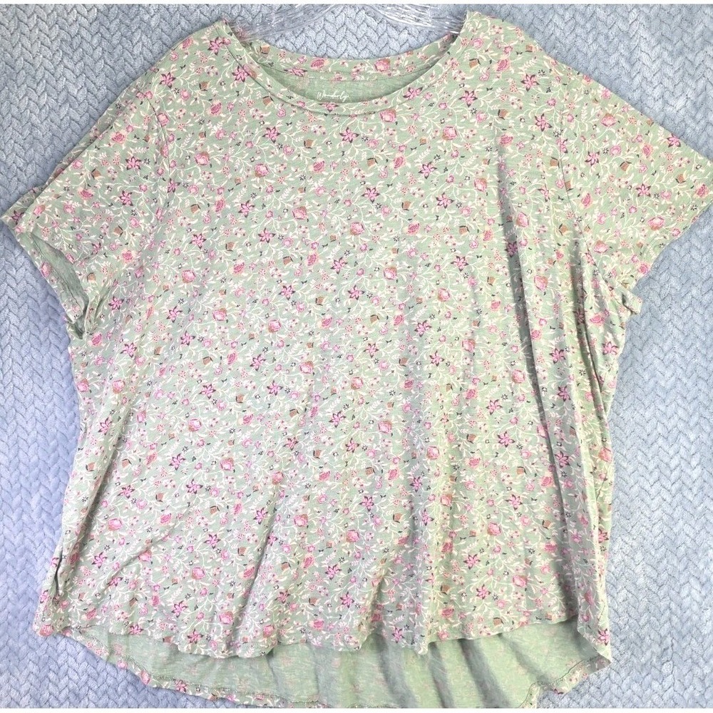 WONDERLY Green Floral Soft Cotton Blouse Womens Size 3X Cabincore Summer Peasant